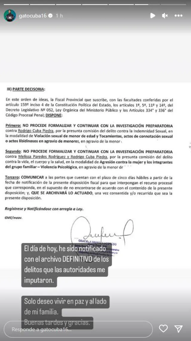 Rodrigo Cuba saludó que la denuncia en su contra sea archivada.