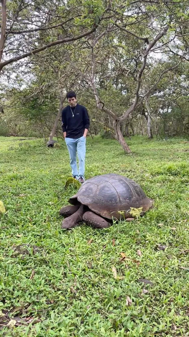 Sebastián Yatra junto a una tortuga la Isla Galápagos.