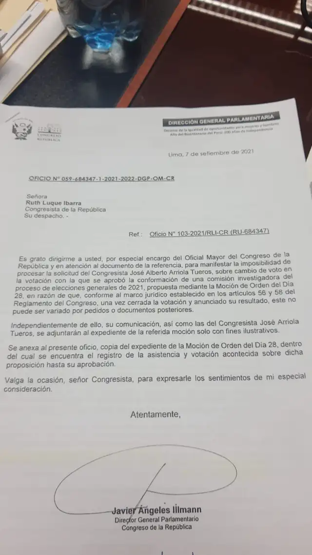 La respuesta de Oficialía a la congresista Luque.