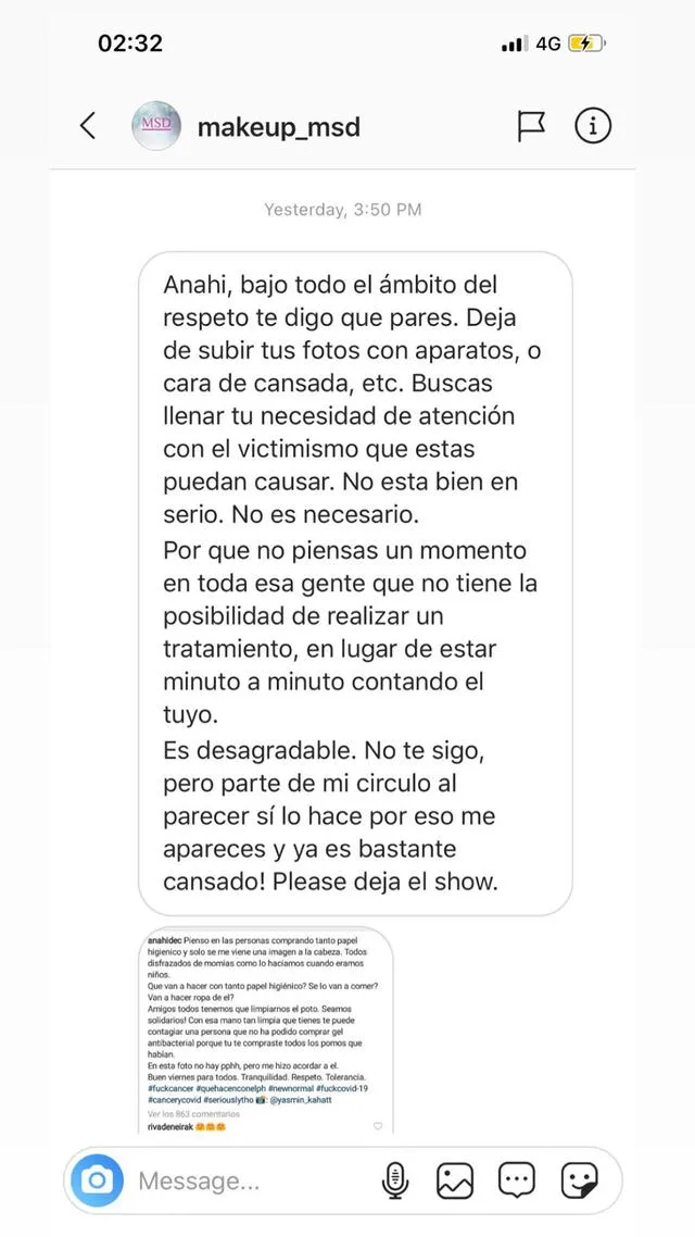 Mensaje de usuaria en Instagram a Anahí de Cárdenas.