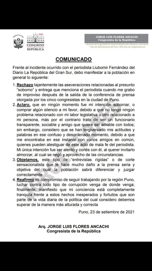 Congresista de Puno denunciado por intento de soborno: Mi conciencia está tranquila