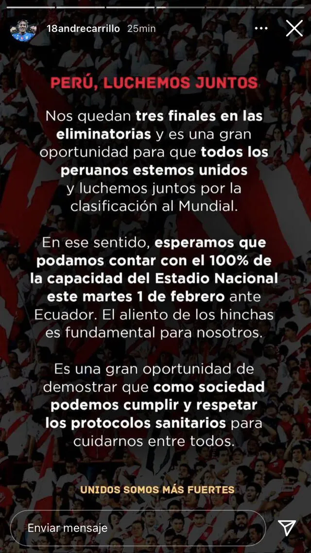Comunicado de lo jugadores de Perú en redes sociales. Foto: Instagram
