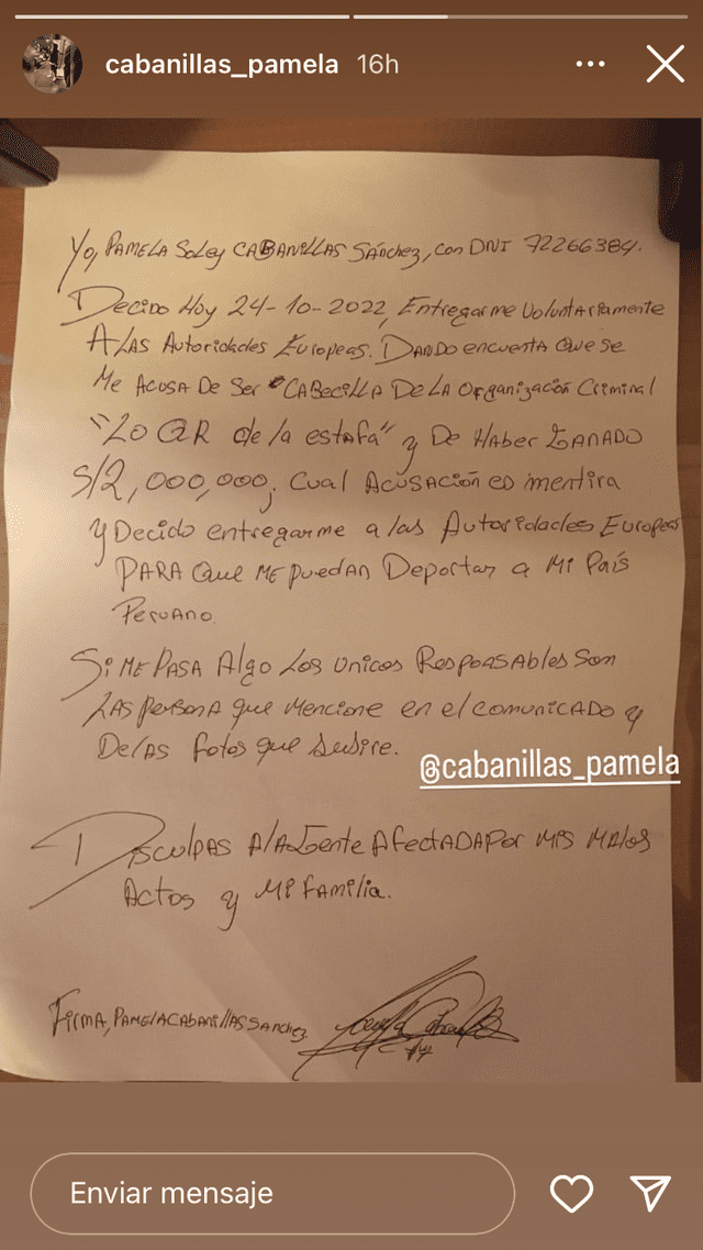 Carta Pamela Cabanillas. Foto: @cabanillas_pamela/IG