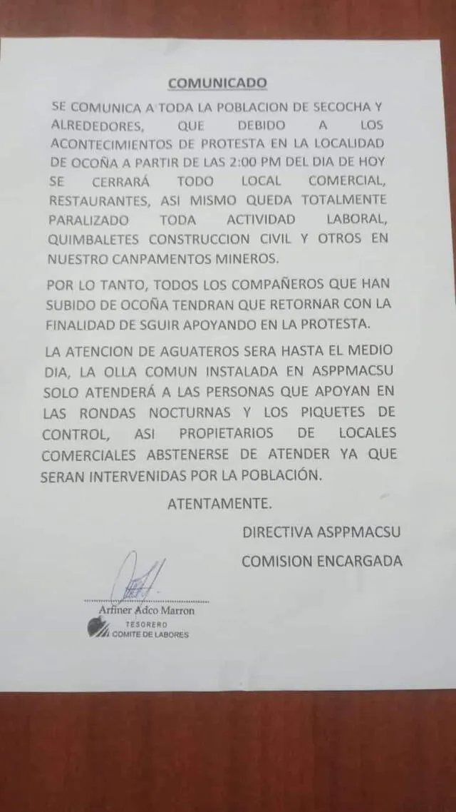 Comunicado que puso en peligro a los comercios.