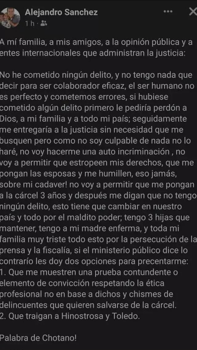 Mensaje de Alejandro Sánchez Sánchez, dueño de la casa de Sarratea. Foto: captura de Facebook
