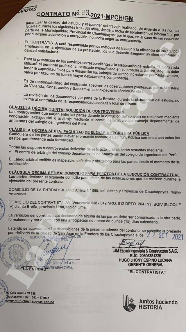 Contrato de Hugo Espino con el municipio de Chachapoyas, a pedido de la primera dama Lilia Paredes.