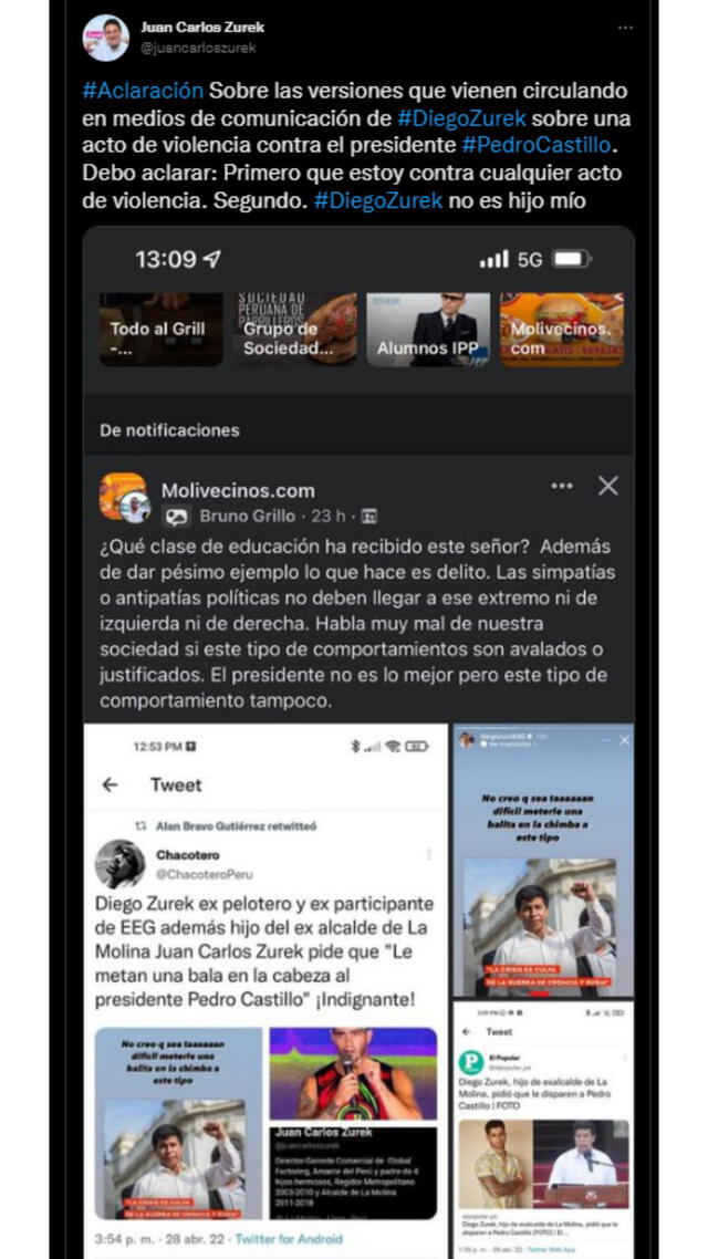 Juan Carlos Zurek niega que Diego Zurek sea su hijo luego de que el exchico reality hiciera un polémico post sobre el presidente Pedro Castillo.