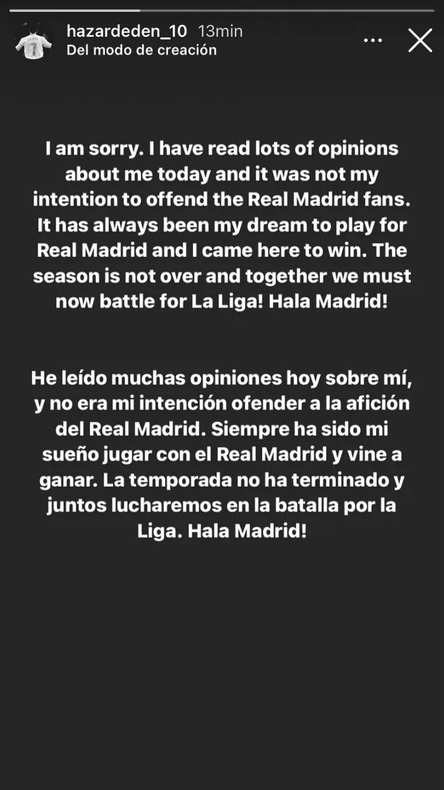 Mensaje de Eden Hazard en Instagram.