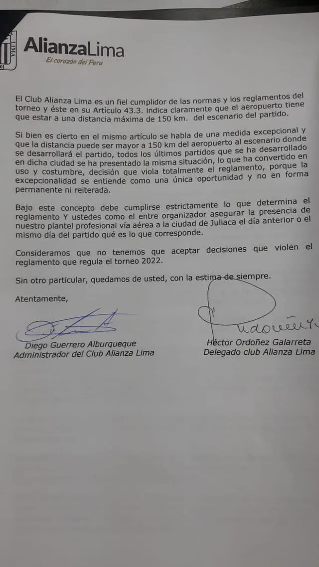 Carta de Alianza Lima. Foto: Ovación