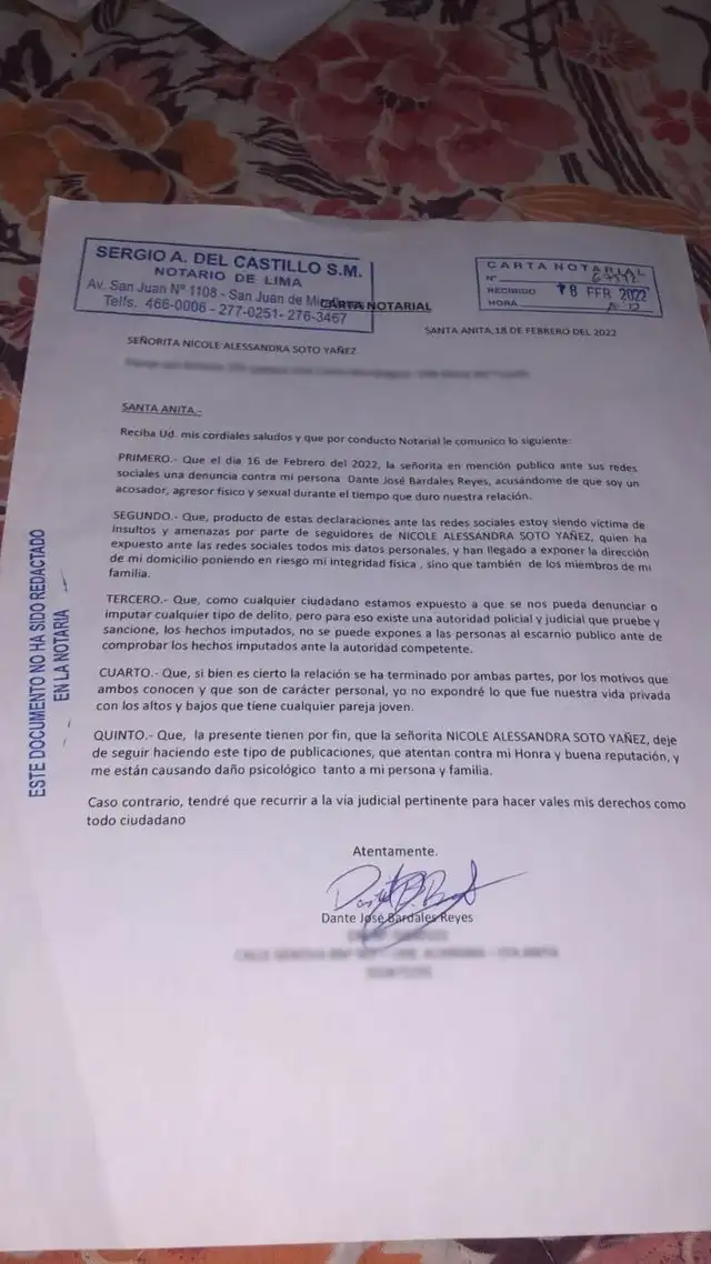 Carta notarial de Dante Reyes enviada a Nicole Soto: Foto: cortesía Carta notarial de Dante Reyes enviada a Nicole Soto: Foto: cortesía