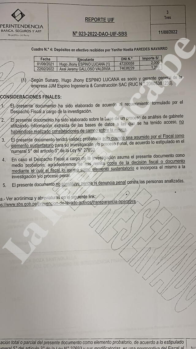 Reportes de la UIF sobre los movimientos en efectivo inusuales de Yenifer Paredes.