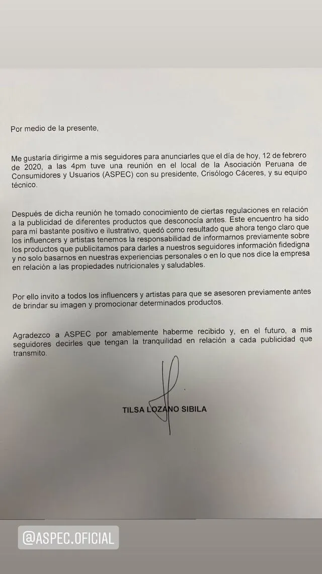 Carta emitida con Tilsa Lozano tras reunirse con representantes de Aspec.