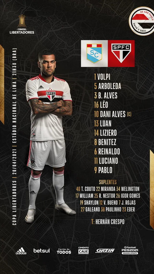 Alineación oficial de Sao Paulo. Foto: Sao Paulo FC