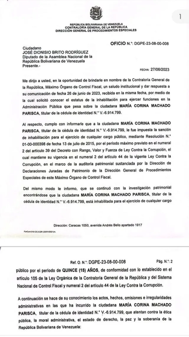 Oficio que oficializa la inhabilitación de María Corina Machado para ejercer cargos públicos. Foto: PanAm Post   