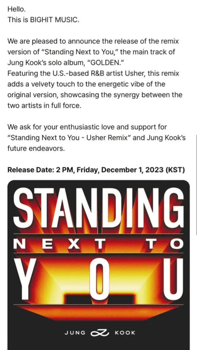  Comunicado de BIGHITMUSIC confirmando el lanzamiento del remix 'Standing Next to You'. Foto: BIGHIT   