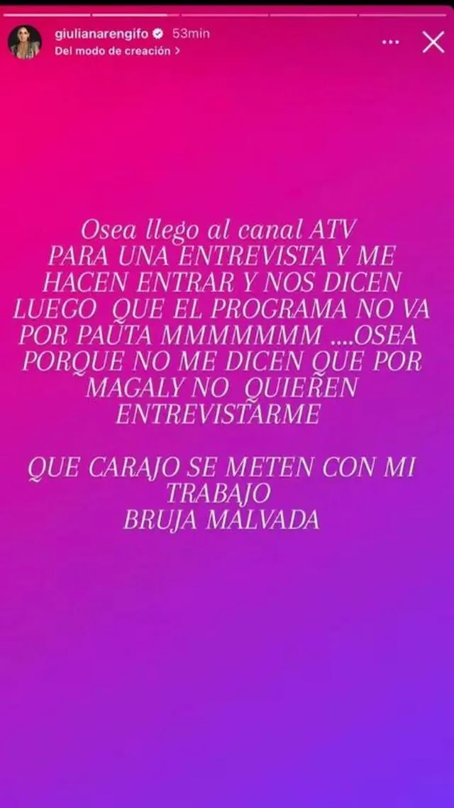 Giuliana Rengifo y su acusación contra Magaly Medina. Foto: Instagram/Giuliana Rengifo   