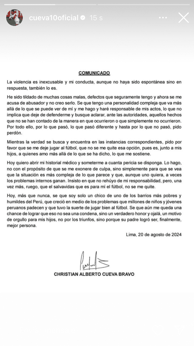 Comunicado de Christian Cueva. Foto: captura de Instagram/Christian Cueva 