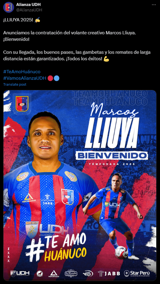  Alianza Universidad será el segundo equipo de Marcos Lliuya en primera división. Foto: captura    