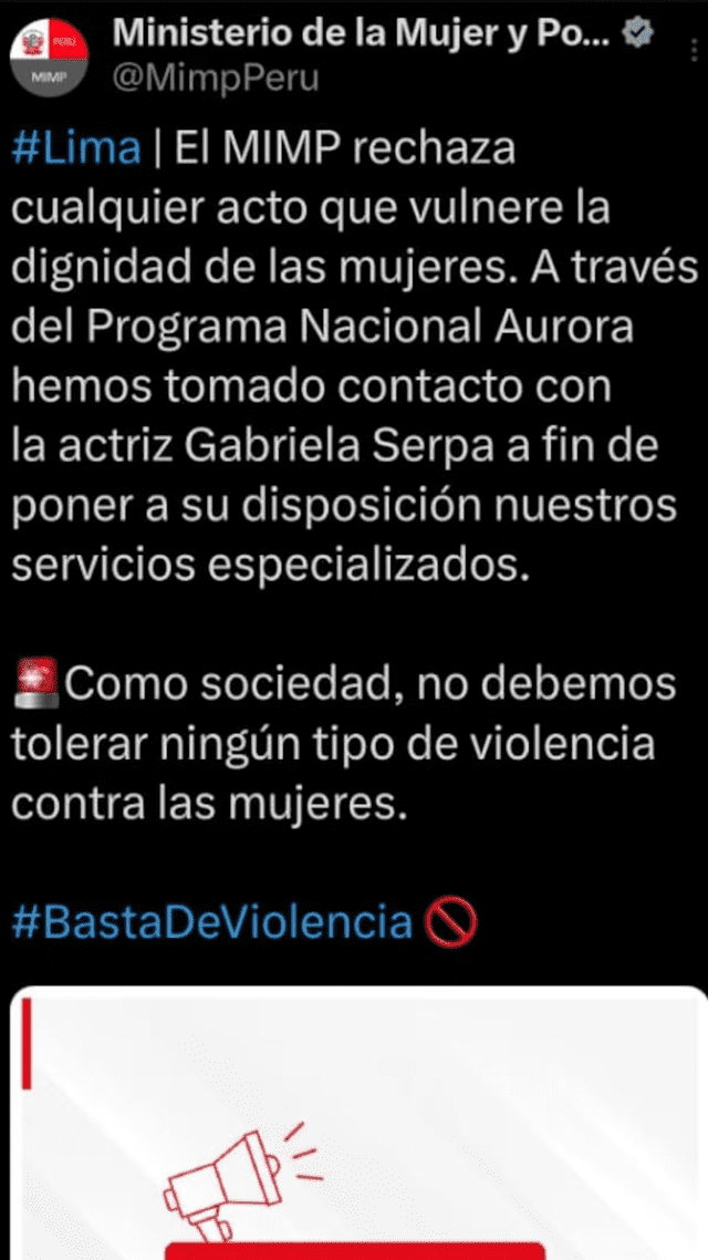  Ministerio de la Mujer respalda a Gabriela Serpa tras comentarios de 'urracos'. Foto: Ministerio de la Mujer/Twitter   