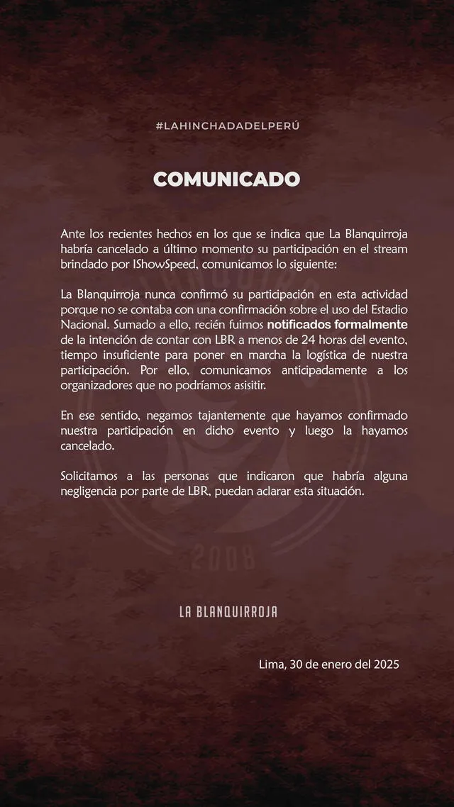 Comunicado de la Blanquirroja   