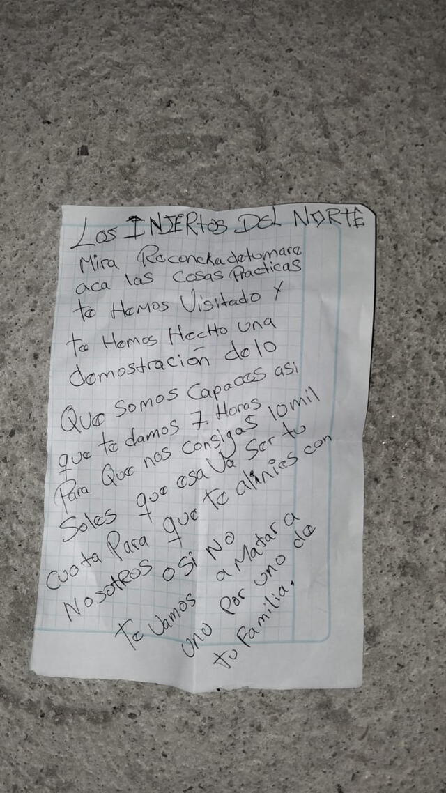 Carta que dejaron extorsionadores a familiares en Los Olivos