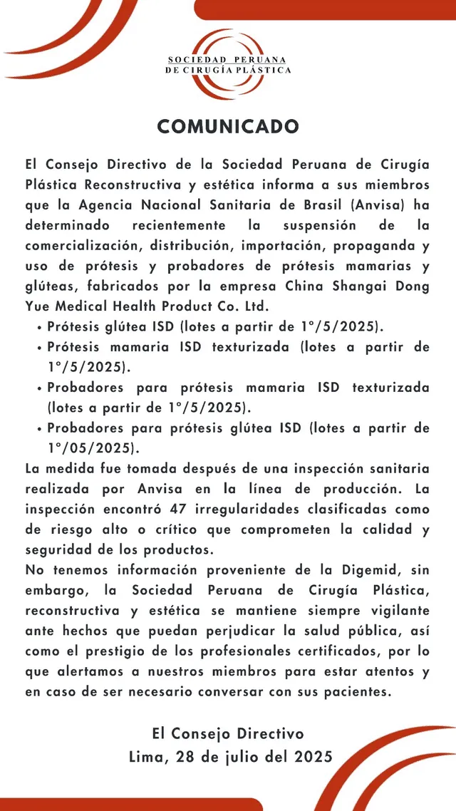 Comunicado emitido por la Sociedad Peruana de Cirugía Plástica. Foto: difusión Comunicado emitido por la Sociedad Peruana de Cirugía Plástica. Foto: difusión