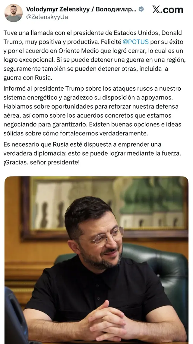  Zelenski tuvo una conversación por llamada con Trump. Foto: @ZelenskyyUa/X<br>    