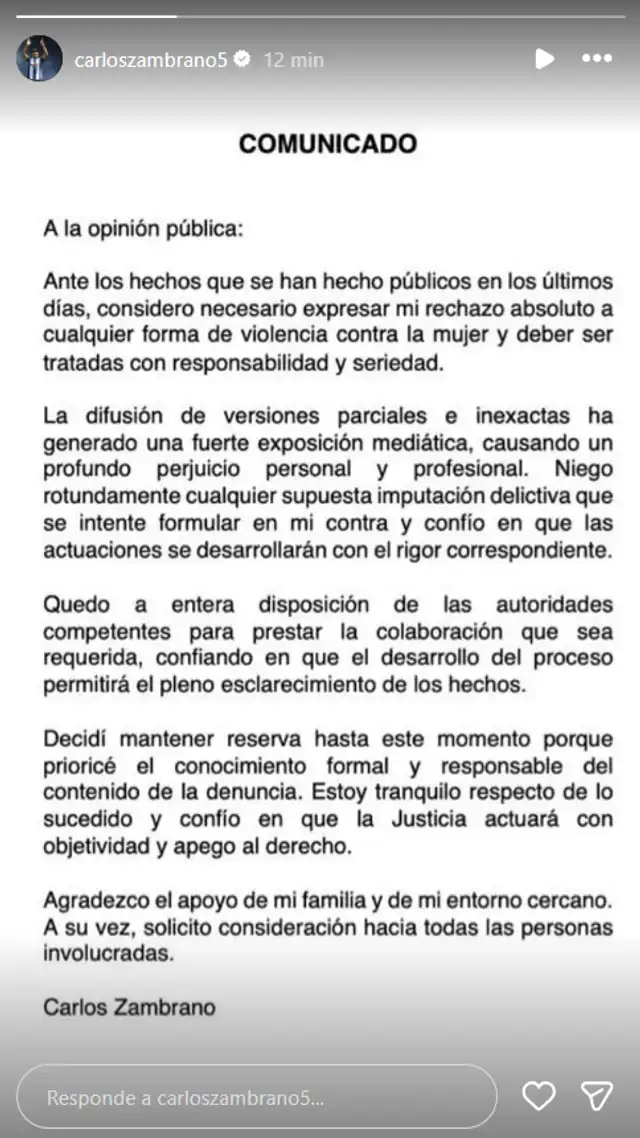 Comunicado de Carlos Zambrano. Foto: Instagram   