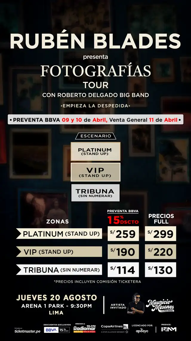 Entradas para el concierto de Rubén Blades. Foto: difusión.