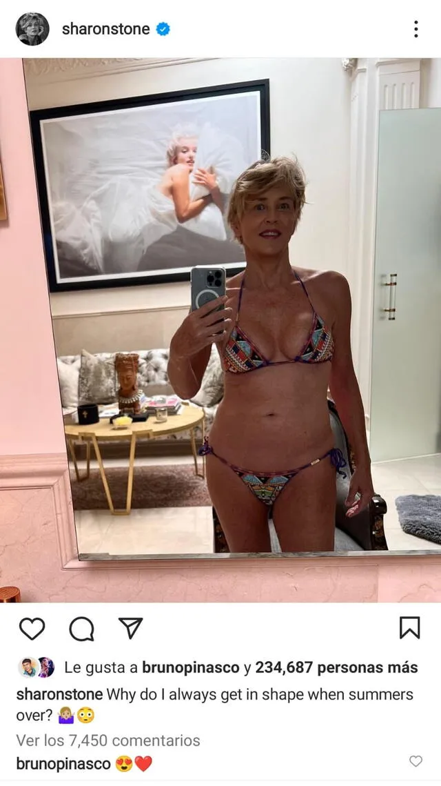 27.8.2022 | Sharon Stone se volvió viral por su foto en bikini. Foto: captura Sharon Stone/Instagram
