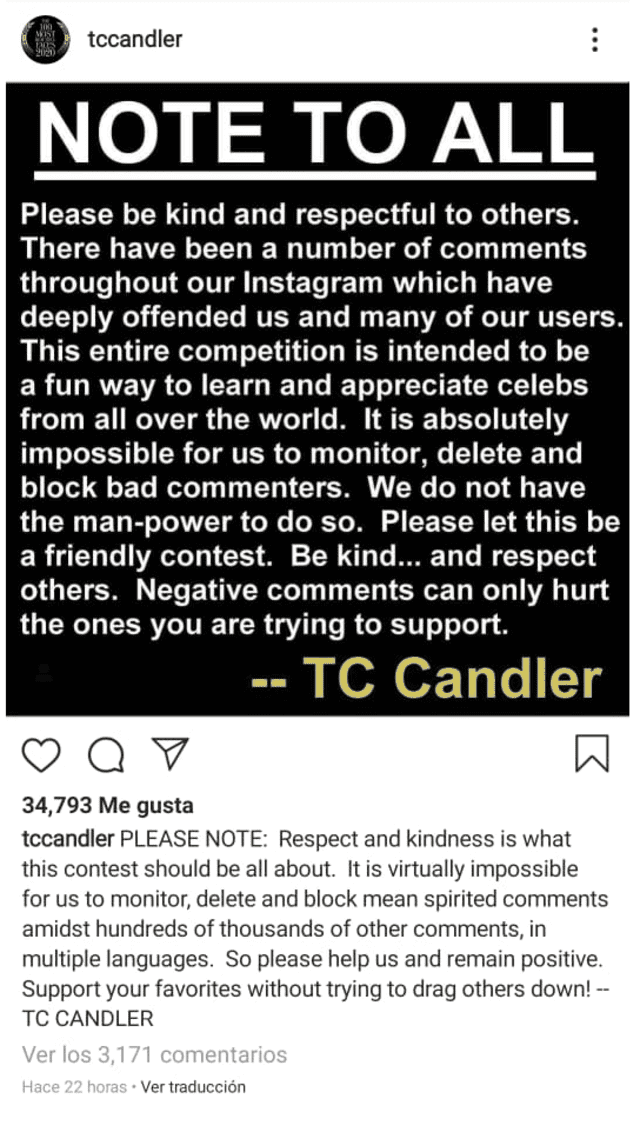 Comunicado publicado en la cuenta de Instagram de TC Candler. 4 de mayo, 2020.
