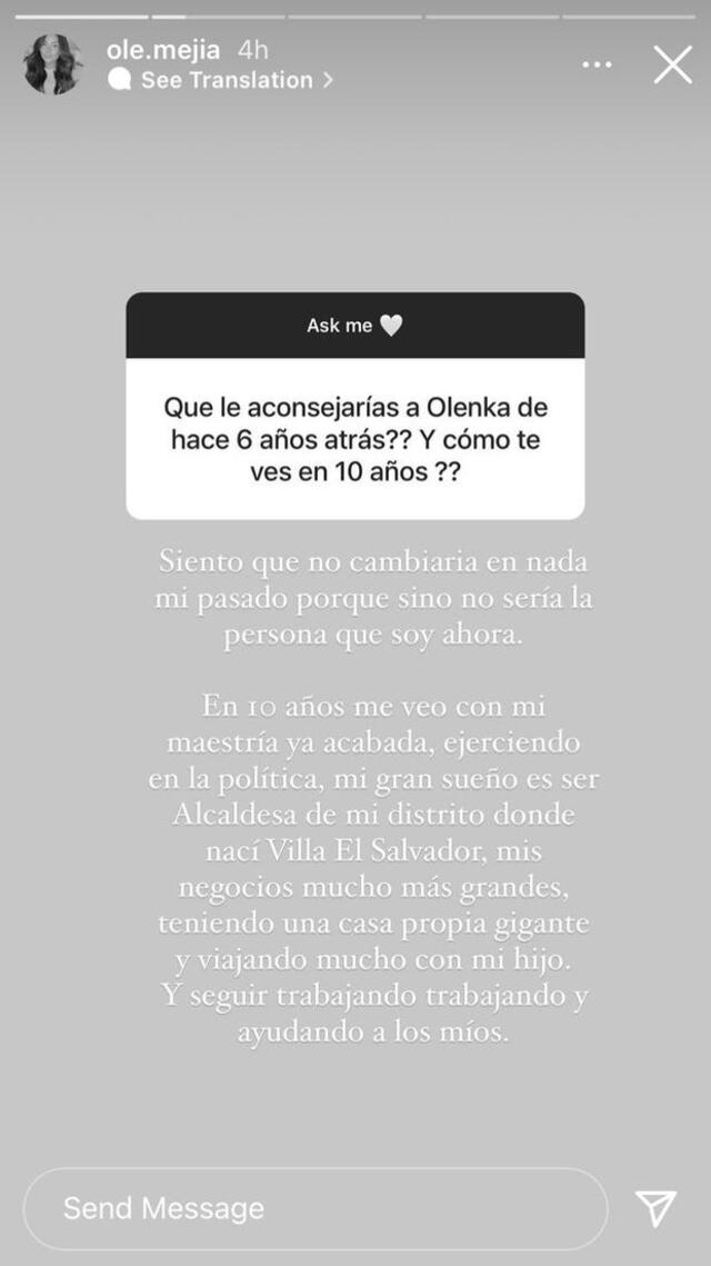 Olenka Mejía da a conocer los proyectos que tiene en mente y planea cumplir en los próximos díez años. Foto: Olenka Mejía/Instagram