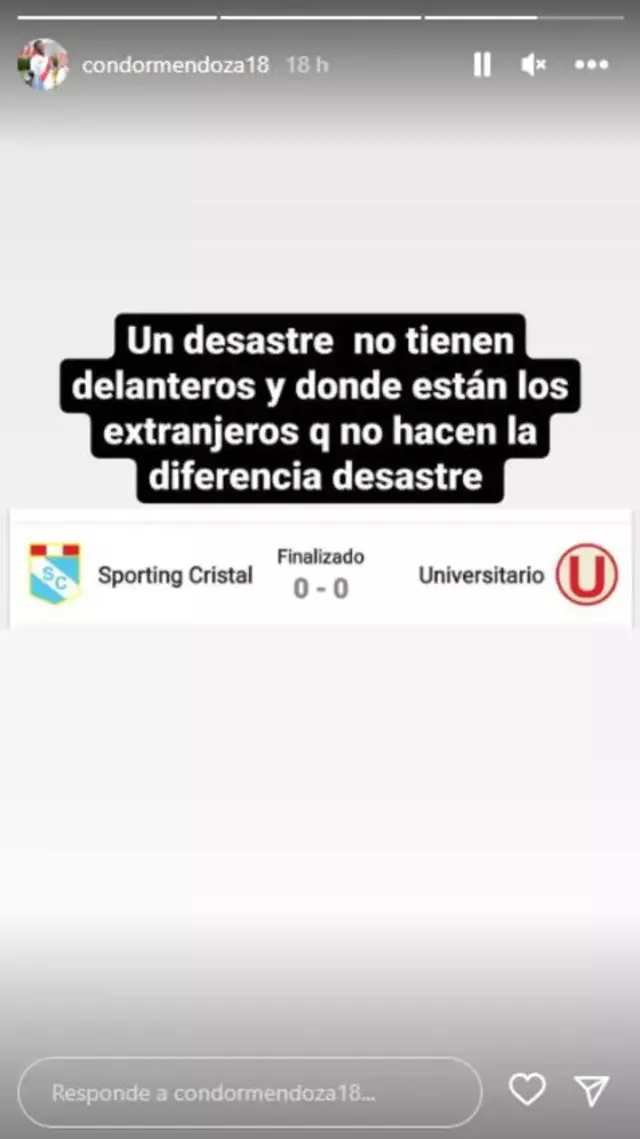Publicación de Andres Mendoza sobre el partido Universitario vs. Sporting Cristal. Foto: captira Instagram