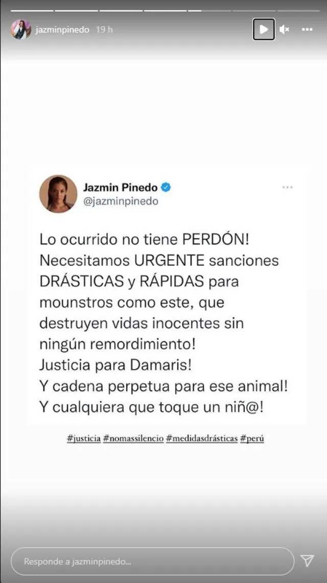 Jazmín Pinedo pide castigo ejemplar