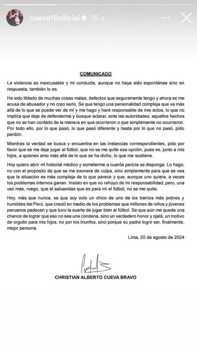 Comunicado de Christian Cueva. Foto: Instagram/Christian Cueva.   