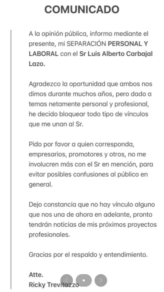  Comunicado de Ricky Trevitazo subido en redes sociales. Foto: TikTok 