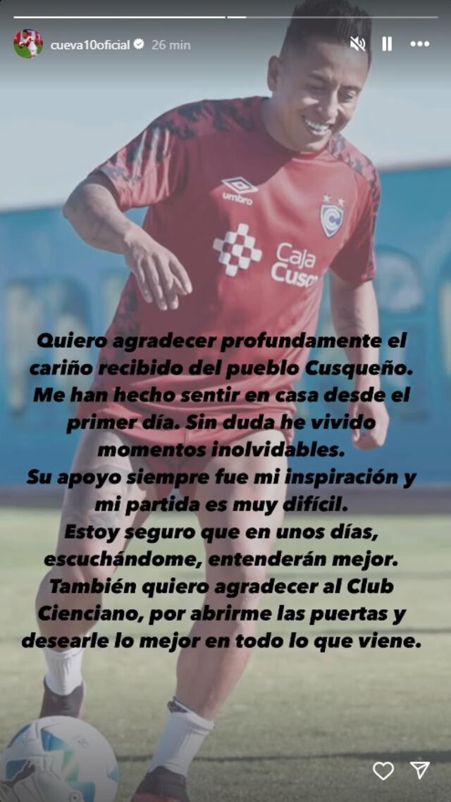 Cueva aseguró sentirse agradecido con Cienciano. Foto: captura de Instagram Cueva aseguró sentirse agradecido con Cienciano. Foto: captura de Instagram