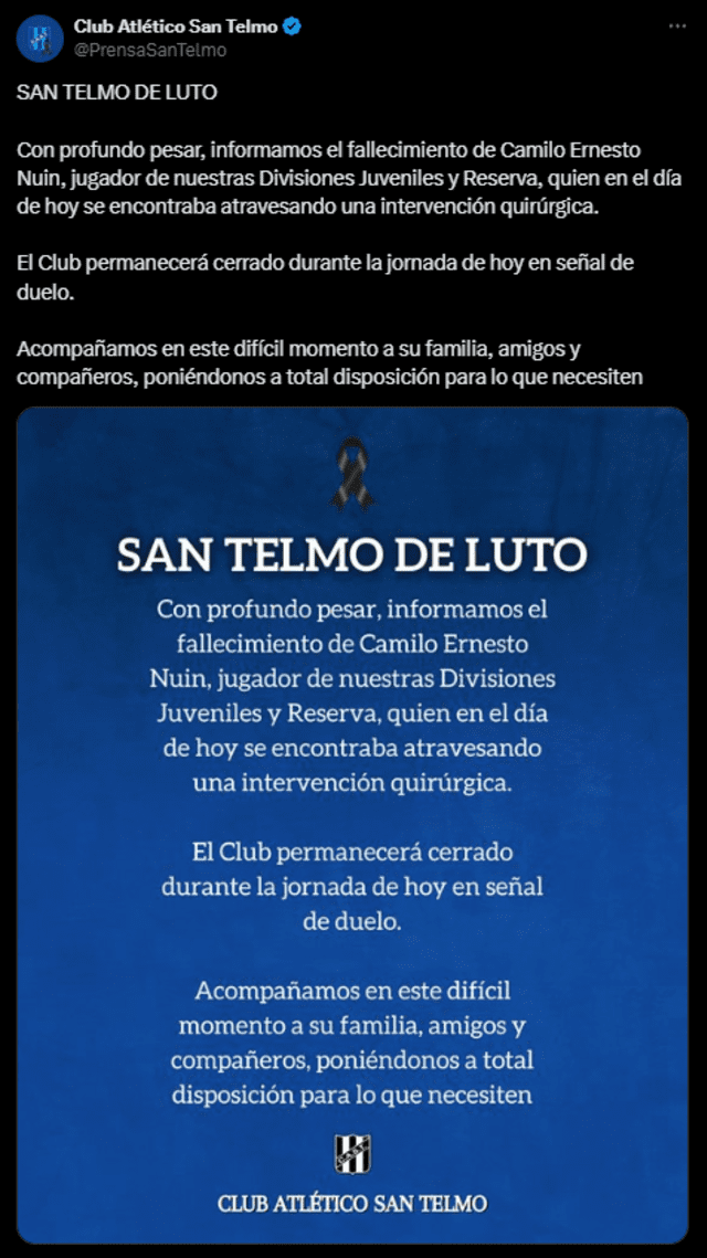 Comunicado del Club Atlético San Telmo. Captura: X Comunicado del Club Atlético San Telmo. Captura: X
