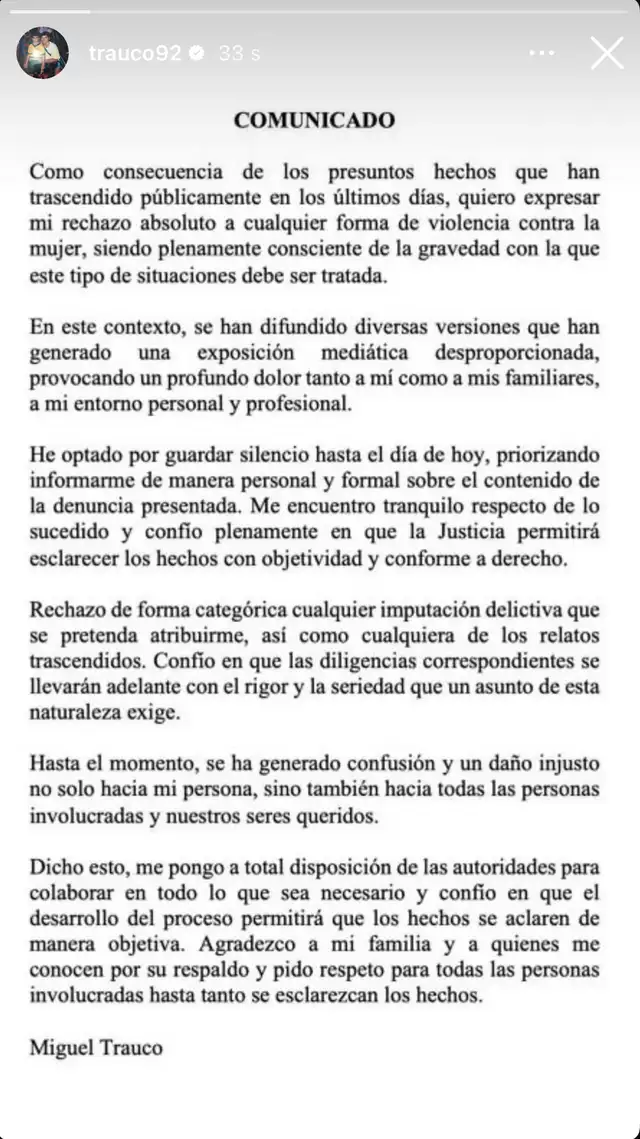 Comunicado de Miguel Trauco.    