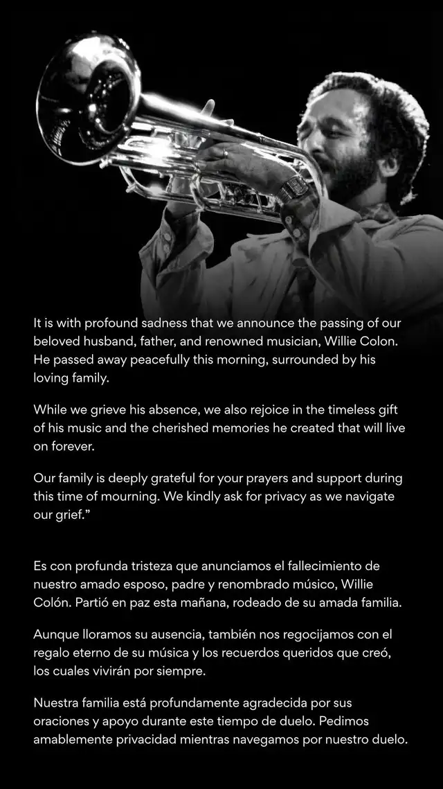 Muere Willie Colón a los 75 años. Foto: Facebook   