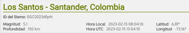 Información preliminar del sismo registrado en Colombia hoy, 15 de febrero. Foto: SGC   