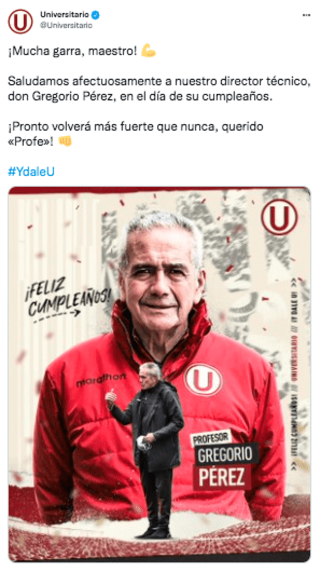 Afectivo mensaje de Universitario a Gregorio Pérez. Foto: captura Twitter Universitario de Deportes