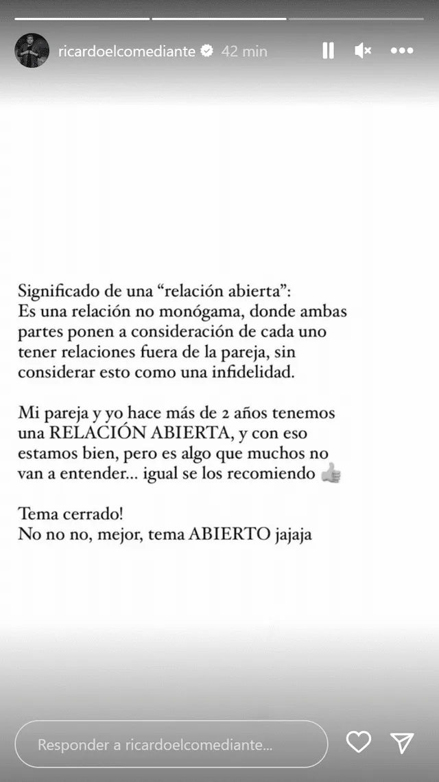 Mensaje de Ricardo Mendoza tras anuncio de ampay. Foto: Instagram.   