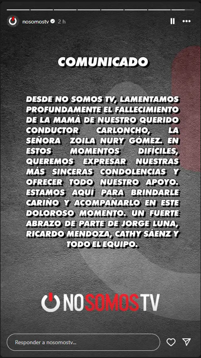  Este el comunicado compartido a nombre de Jorge Luna, Ricardo Mendoza y Cathy Sáenz. Foto: Instagram/No Somos TV   