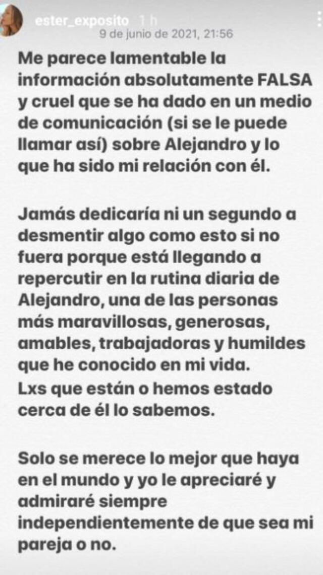 Ester Expósito se pronunció en su Instagram sobre Alejandro Speitzer.