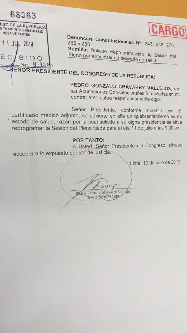 Excusa de Pedro Chávarry para no asistir a Pleno del Congreso de este jueves 11 de julio.