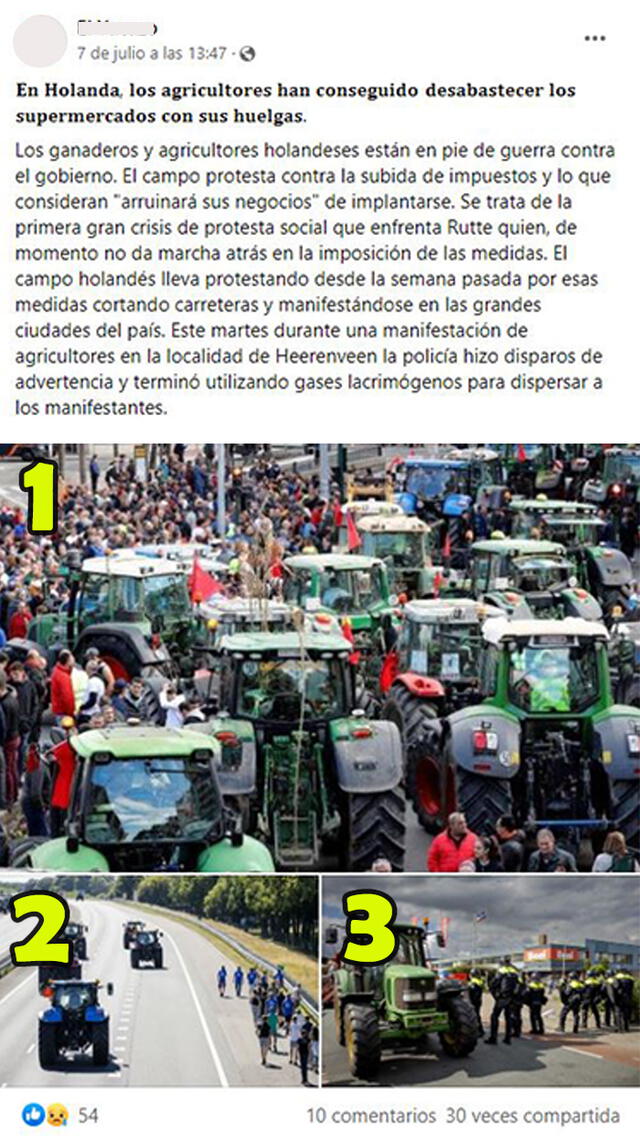 Publicaciones aseguran que foto 1 de concentración de tractores y manifestantes fue supuestamente capturada en Países Bajos. Foto: captura en Facebook.