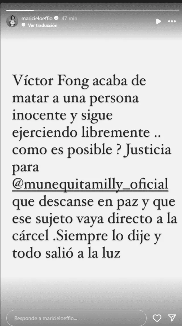 Post de Maricielo Effio donde acusa al Dr. Fong por muerte de Muñequita Milly. Foto: Instagram/Maricielo Effio   