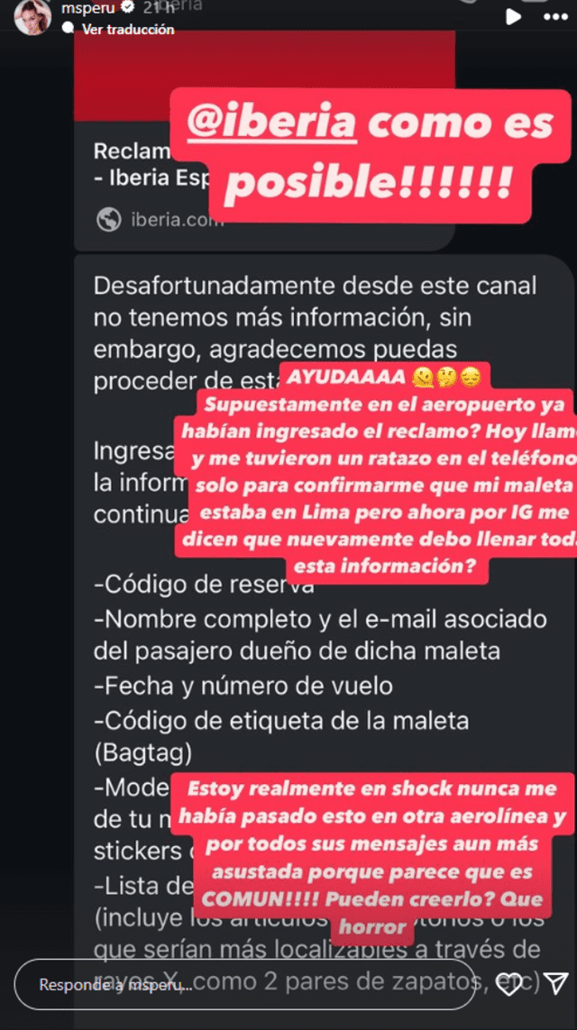 Minutos después de su primera queja, Vértiz compartió este pantallazo. Foto: Instagram.   