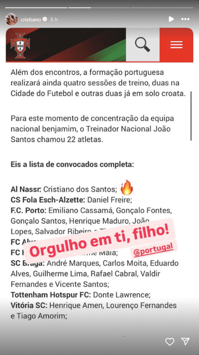 Cristiano Ronaldo manifestó su felicidad por la convocatoria de su hijo a Portugal. Foto: captura de Instagram Cristiano Ronaldo manifestó su felicidad por la convocatoria de su hijo a Portugal. Foto: captura de Instagram